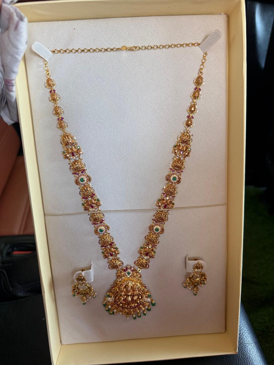 Temple Lakshmi Long Necklace Set with Jhumka Earrings – 1gm Gold Coated