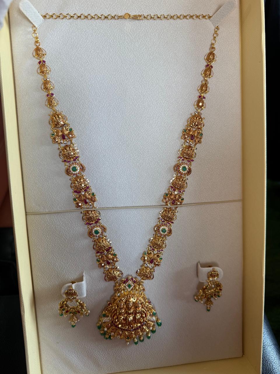 Temple Lakshmi Long Necklace Set with Jhumka Earrings – 1gm Gold Coated