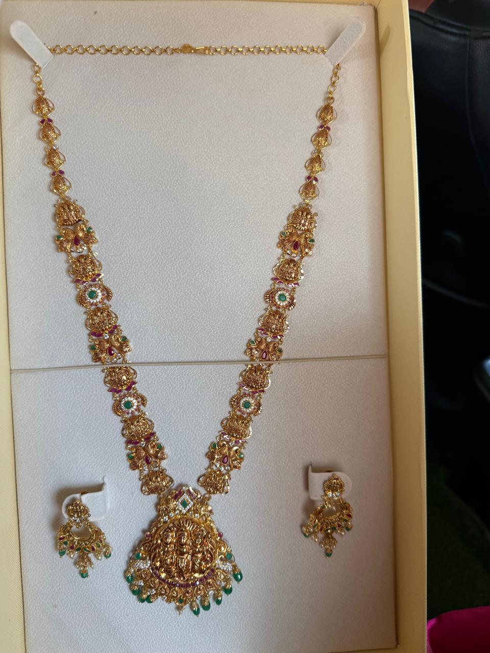 Temple Lakshmi Long Necklace Set with Jhumka Earrings – 1gm Gold Coated