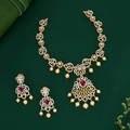 CZ Diamond Floral Necklace Set with Pearl Drops & Earrings