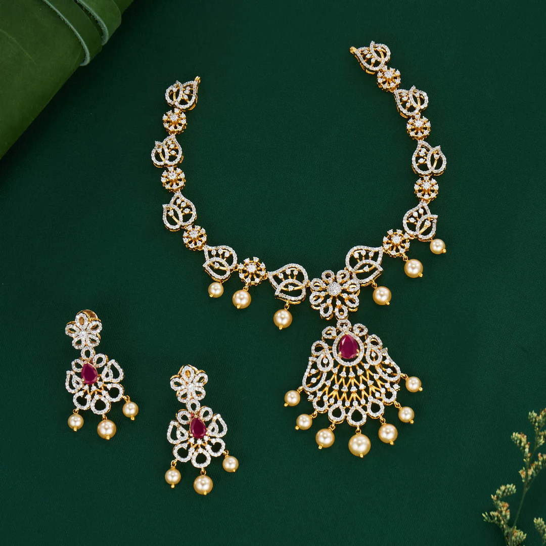 CZ Diamond Floral Necklace Set with Pearl Drops & Earrings
