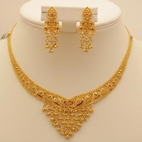 1gm Gold V-Shape Necklace Set with Chandelier Earrings