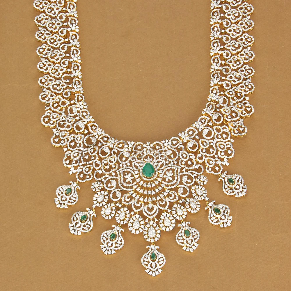 Grand CZ Diamond Long Necklace with Emerald Paisley Drops